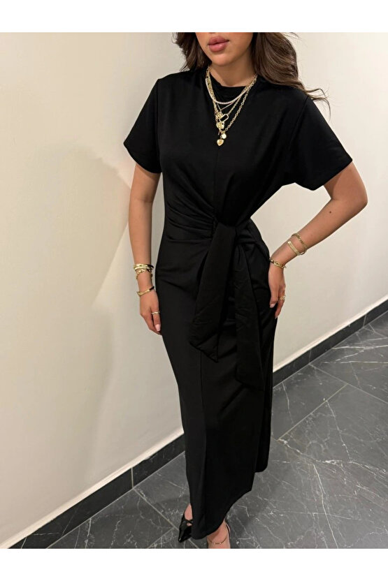 Kadın Kısa Kollu Bisiklet Yaka Yandan Bağlamalı Viskon Iki Iplik Elbise