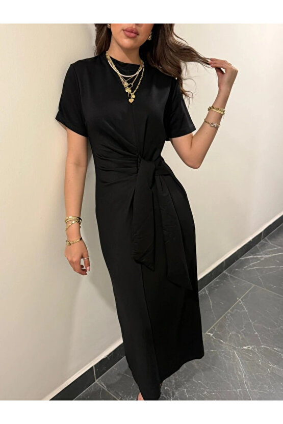 Kadın Kısa Kollu Bisiklet Yaka Yandan Bağlamalı Viskon Iki Iplik Elbise