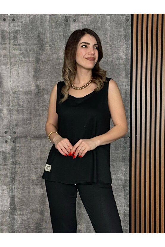 Kadın Askılı Yuvarlak Yaka Viskon Iki Iplik Bluz Ve Eşofman Altı Ikili Takım