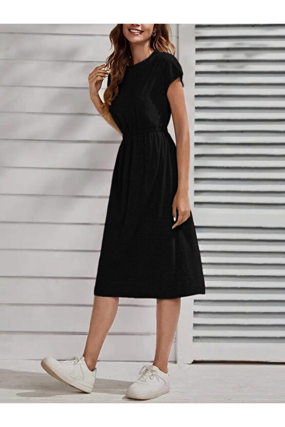 Gökyüzü Moda Kadın Kısa Kollu Bisiklet Yaka Belden Lastikli Midi Viskon Elbise