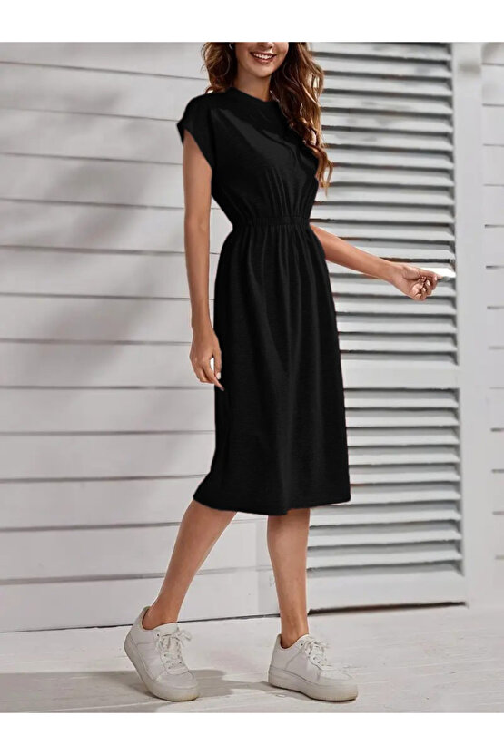 Gökyüzü Moda Kadın Kısa Kollu Bisiklet Yaka Belden Lastikli Midi Viskon Elbise