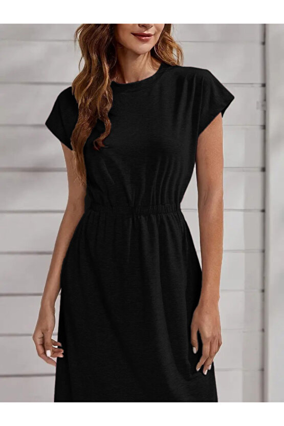 Gökyüzü Moda Kadın Kısa Kollu Bisiklet Yaka Belden Lastikli Midi Viskon Elbise