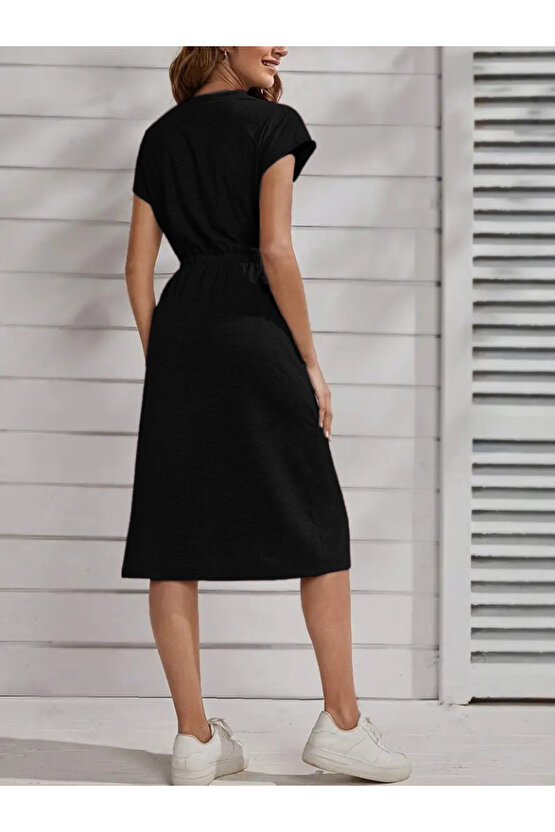 Gökyüzü Moda Kadın Kısa Kollu Bisiklet Yaka Belden Lastikli Midi Viskon Elbise