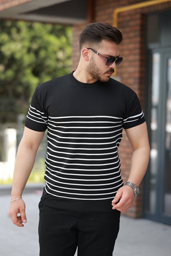 Gökyüzü Moda Erkek çizgi Desenli Bisiklet Yaka Kısa Kollu T-sihrt