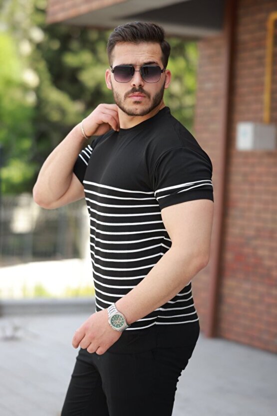 Gökyüzü Moda Erkek çizgi Desenli Bisiklet Yaka Kısa Kollu T-sihrt