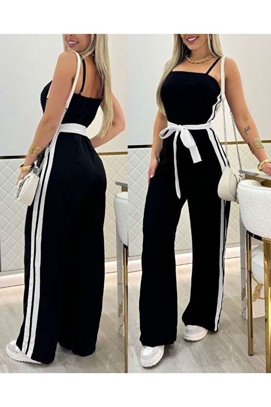 Gökyüzü Moda Kadın Ip Askılı Straplez Belden Kuşaklı Viskon Iki Iplik Tulum