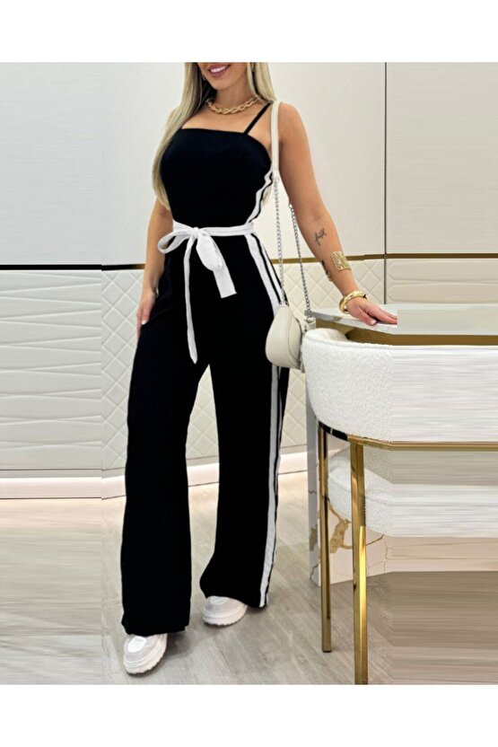 Gökyüzü Moda Kadın Ip Askılı Straplez Belden Kuşaklı Viskon Iki Iplik Tulum