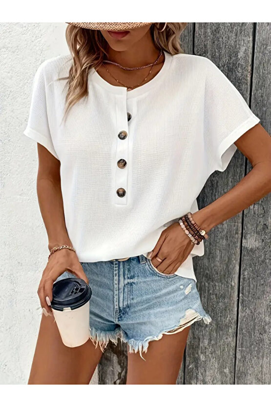 Gökyüzü Moda Kadın Kısa Kollu Yakası Açık önden Düğmeli Waffle Bluz