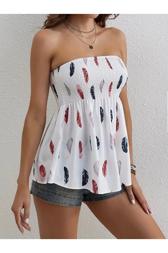 Kadın Yaprak Desenli Göğsü Gipeli Mosskrep Straplez Bluz