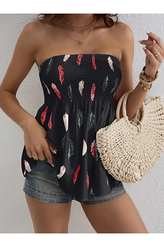 Gökyüzü Moda Kadın Yaprak Desenli Göğsü Gipeli Mosskrep Straplez Bluz