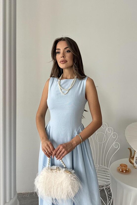 Gökyüzü Moda Mavi Yanları Büzgülü Midi Boy Keten Elbise