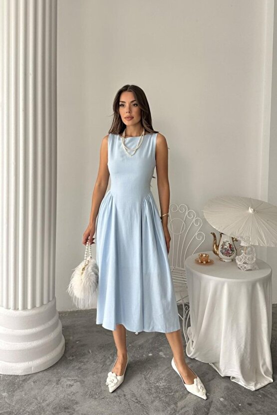 Gökyüzü Moda Mavi Yanları Büzgülü Midi Boy Keten Elbise