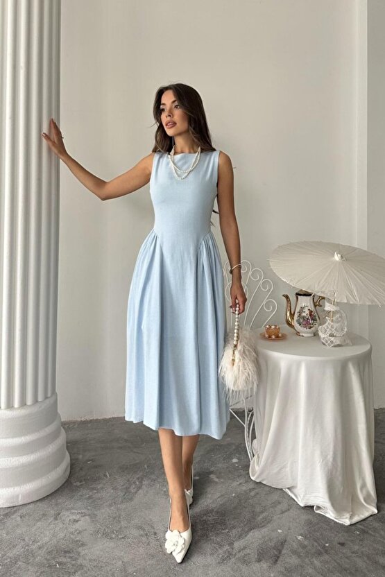 Gökyüzü Moda Mavi Yanları Büzgülü Midi Boy Keten Elbise