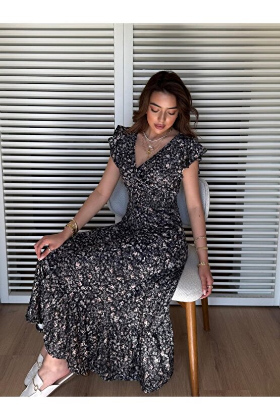 Gökyüzü Moda Kadın Kısa Kollu Kruvaze Yaka Beli Lastikli çiçek Desenli Elbise