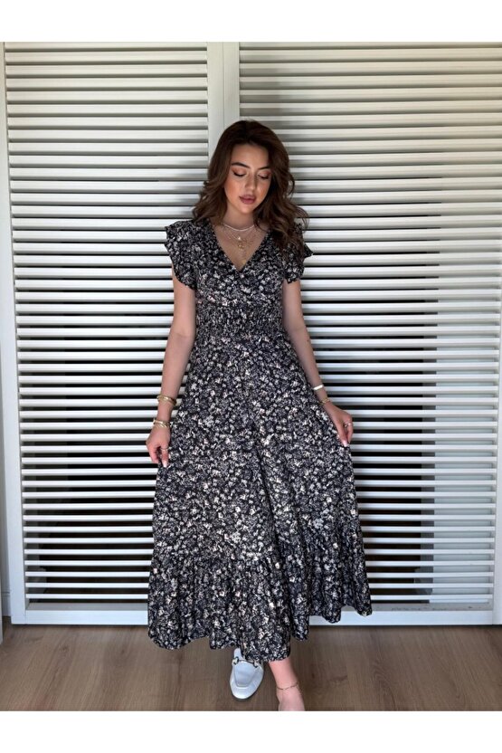 Gökyüzü Moda Kadın Kısa Kollu Kruvaze Yaka Beli Lastikli çiçek Desenli Elbise