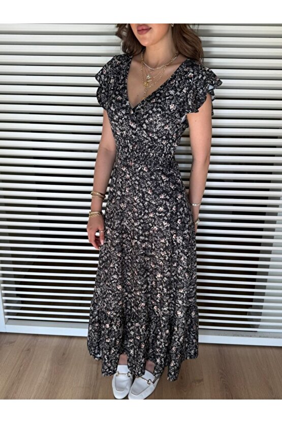 Gökyüzü Moda Kadın Kısa Kollu Kruvaze Yaka Beli Lastikli çiçek Desenli Elbise