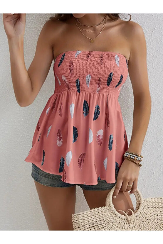 Gökyüzü Moda Kadın Yaprak Desenli Göğsü Gipeli Mosskrep Straplez Bluz