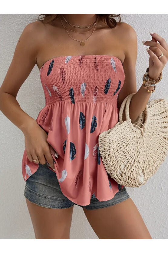 Gökyüzü Moda Kadın Yaprak Desenli Göğsü Gipeli Mosskrep Straplez Bluz