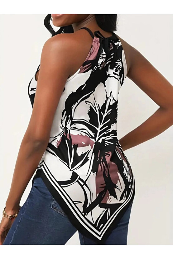 Kadın üçgen Kesim Boyundan Bağlamalı çiçek Desen Süprem Bluz