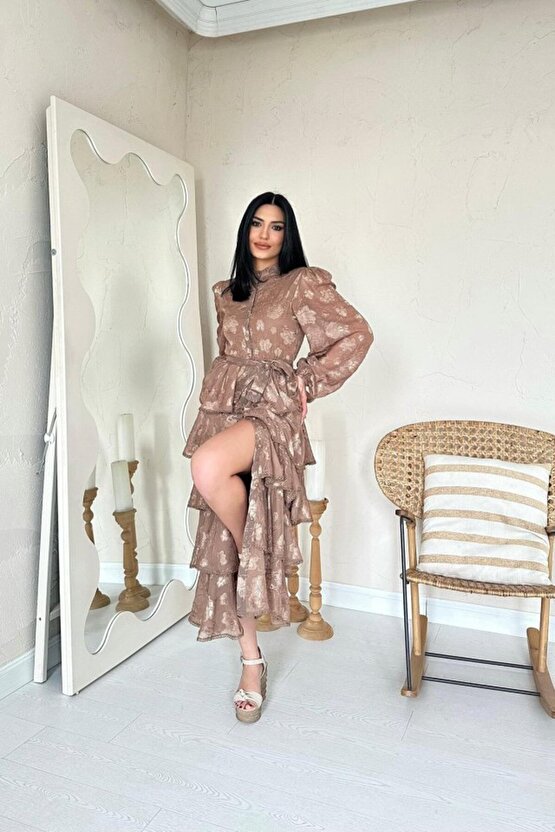 Gökyüzü Moda Vizon Valonlu Şeritli Kat Kat Elbise