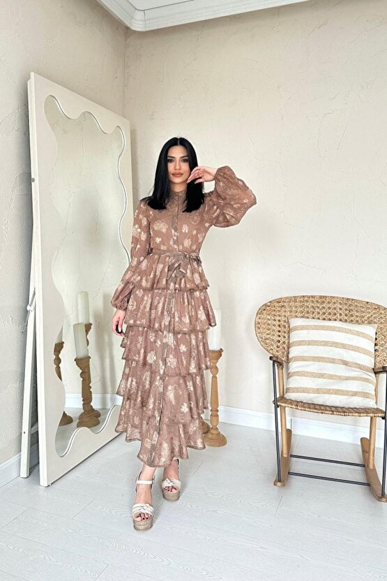 Gökyüzü Moda Vizon Valonlu Şeritli Kat Kat Elbise