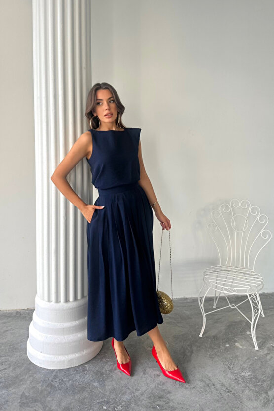 Gökyüzü Moda KETEN KOLSUZ BLUZ - MAXİ ETEK TAKIM - Lacivert