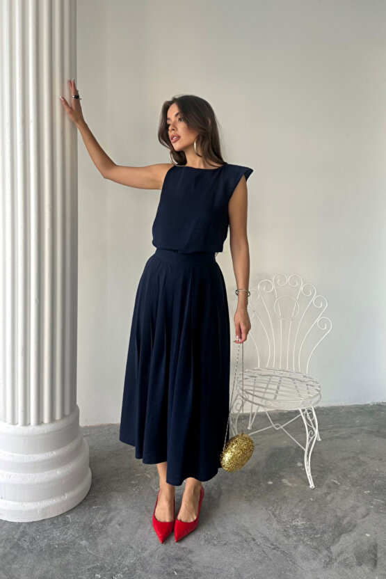 Gökyüzü Moda KETEN KOLSUZ BLUZ - MAXİ ETEK TAKIM - Lacivert