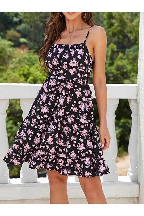 Kadın Askılı çiçek Desenli Süprem Mini Elbise