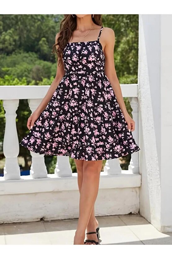 Kadın Askılı çiçek Desenli Süprem Mini Elbise