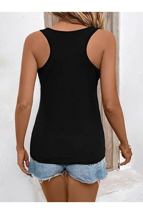 Gökyüzü Moda Kadın Askılı Yuvarlak Yaka Kalp Baskılı Viskon Bluz