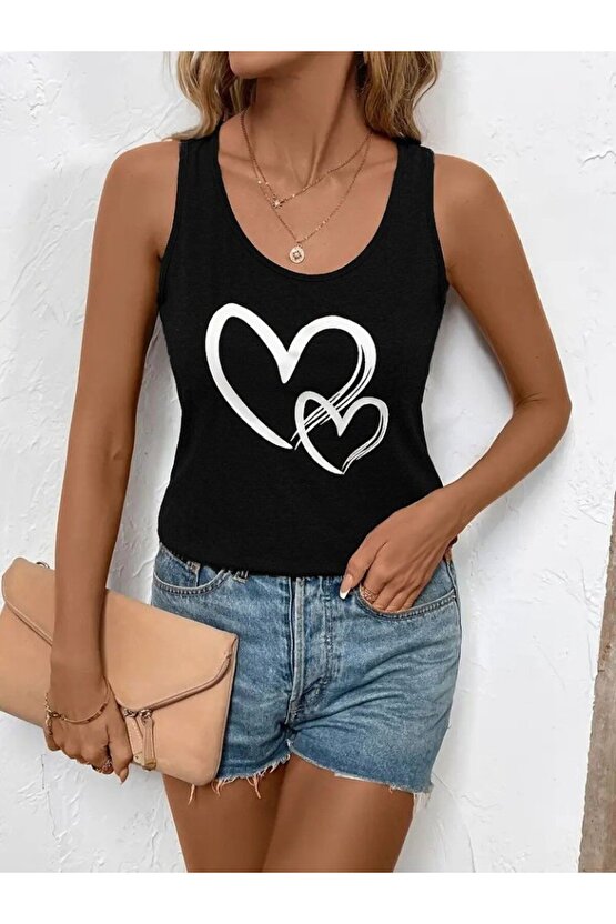 Gökyüzü Moda Kadın Askılı Yuvarlak Yaka Kalp Baskılı Viskon Bluz