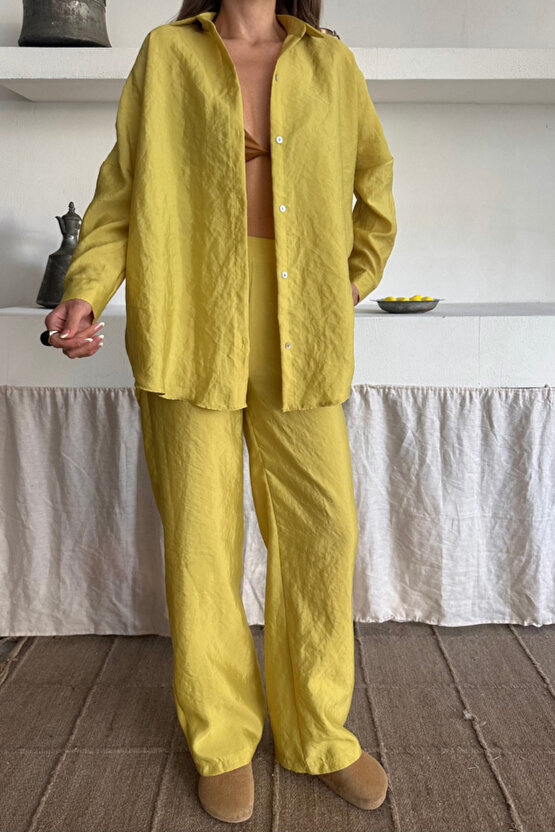 Gökyüzü Moda GÖMLEK-PANTOLON TAKIM CUPRA KUMAŞ - Yağ Yeşili