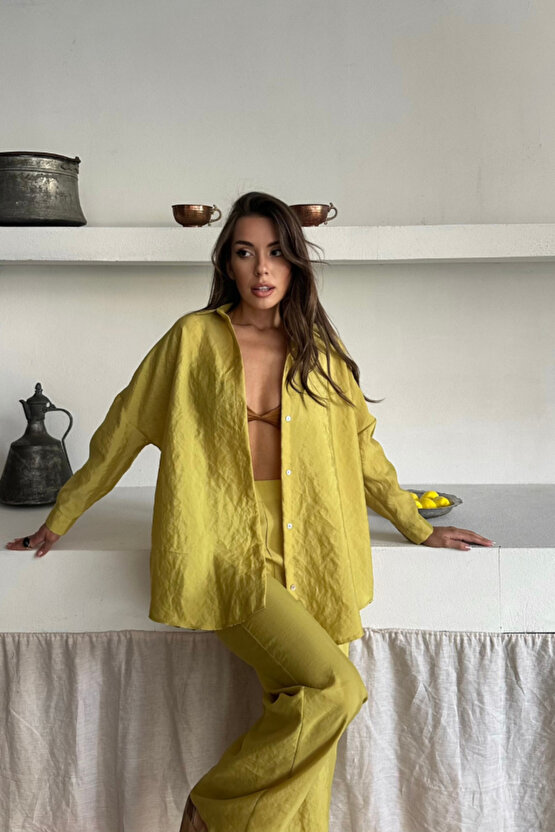 Gökyüzü Moda GÖMLEK-PANTOLON TAKIM CUPRA KUMAŞ - Yağ Yeşili