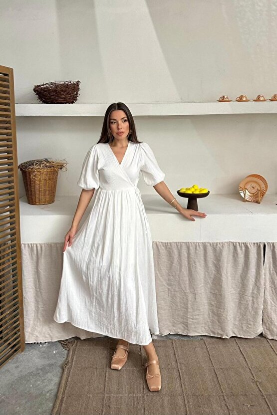 Gökyüzü Moda Ekru Müslin Uzun Elbise