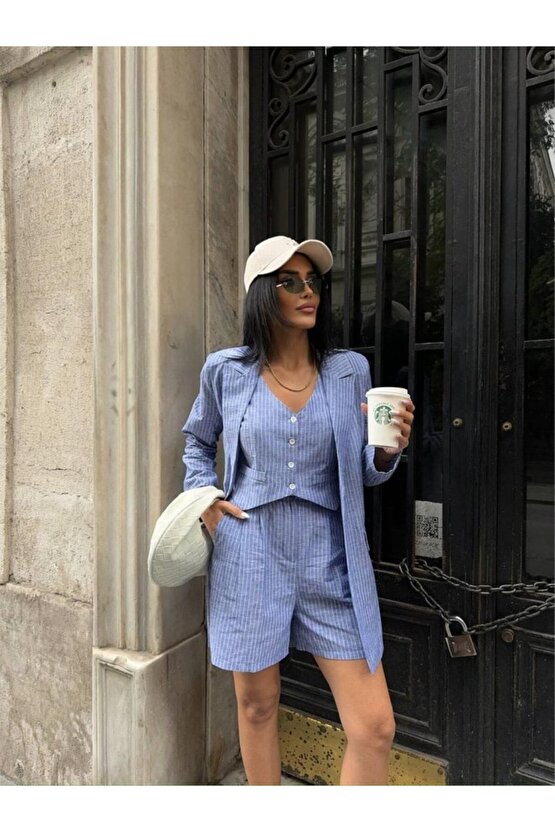 ÇİZGİİ KETEN CEKET YEEK ŞORT TK Mavi