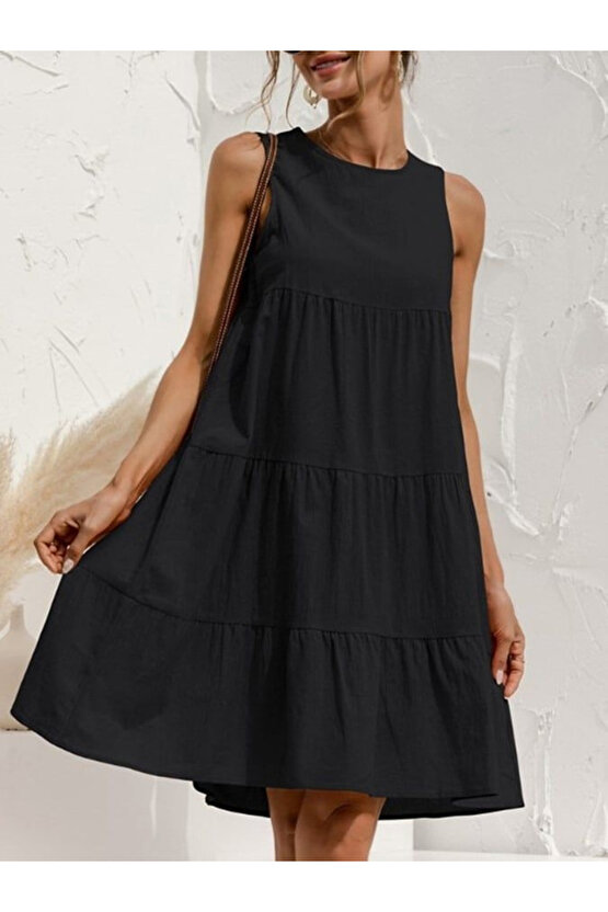 Gökyüzü Moda Kadın Sıfır Kol Bisiklet Yaka Aerobin Elbise