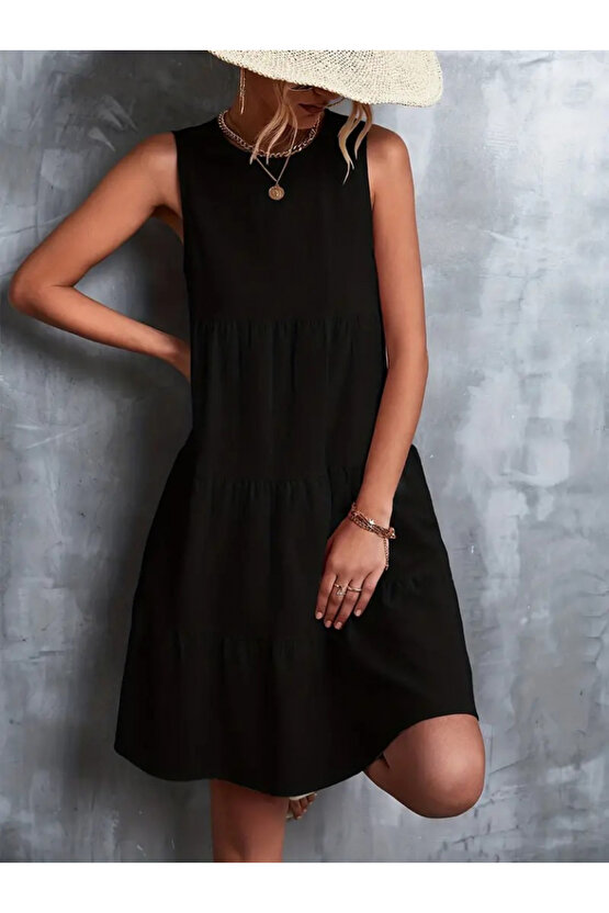 Gökyüzü Moda Kadın Sıfır Kol Bisiklet Yaka Aerobin Elbise