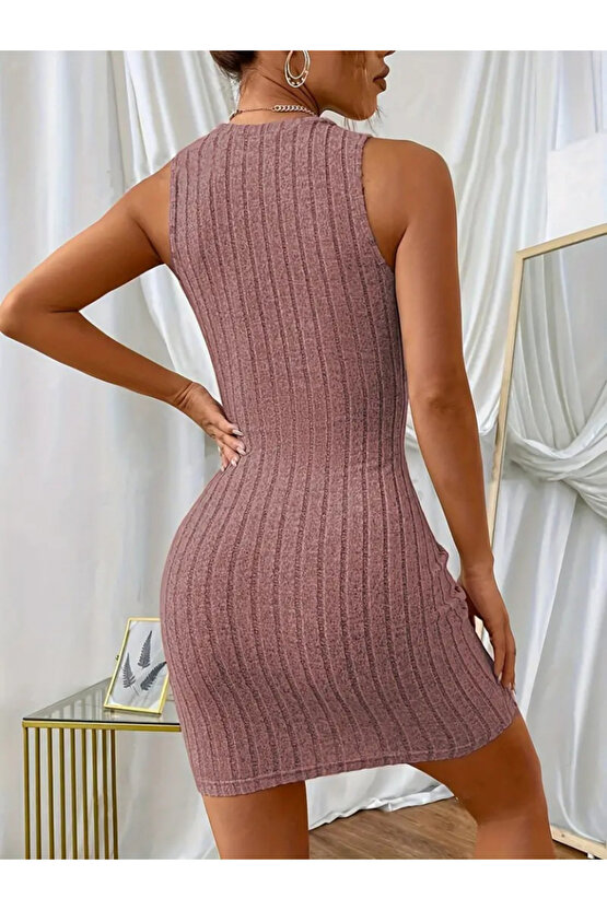 Gökyüzü Moda Kadın Askılı Bisiklet Yaka Kalın Fitilli Kaşkorse Mini Elbise