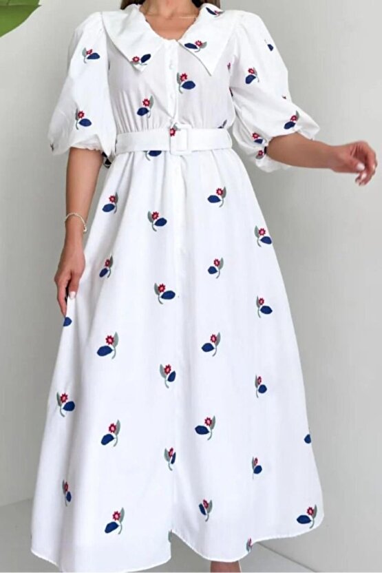 Gökyüzü Moda Kırmızı Yakası Çiçek Motifli Kemerli Elbise