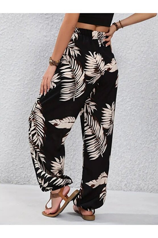 Gökyüzü Moda Kadın Yüksek Bel Bağcıklı Yaprak Desenli Süprem Pantolon