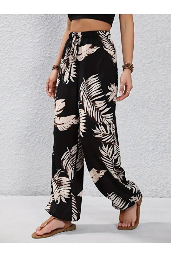 Gökyüzü Moda Kadın Yüksek Bel Bağcıklı Yaprak Desenli Süprem Pantolon