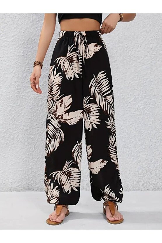 Gökyüzü Moda Kadın Yüksek Bel Bağcıklı Yaprak Desenli Süprem Pantolon