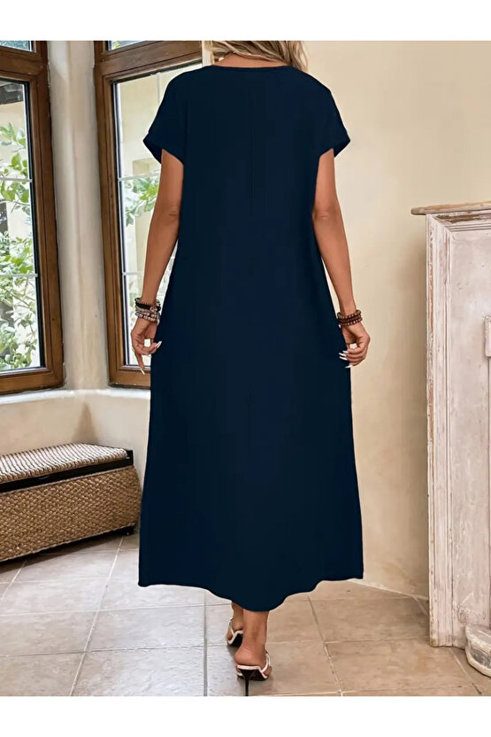 Gökyüzü Moda Kadın Uzun Kollu Yakası Açık Viskon Elbise