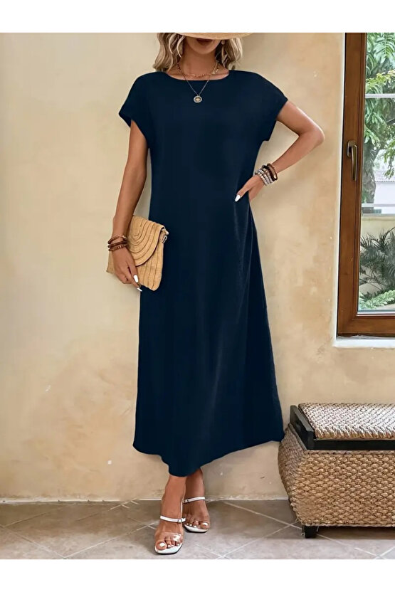 Gökyüzü Moda Kadın Uzun Kollu Yakası Açık Viskon Elbise