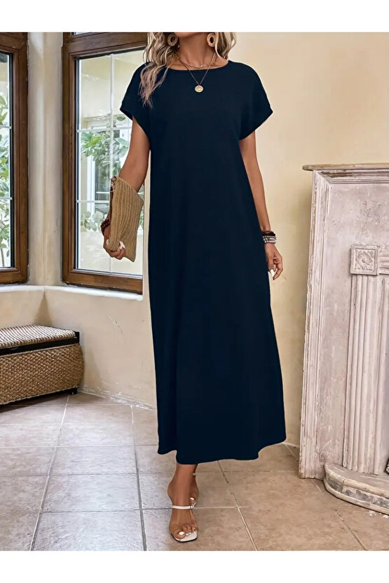 Gökyüzü Moda Kadın Uzun Kollu Yakası Açık Viskon Elbise