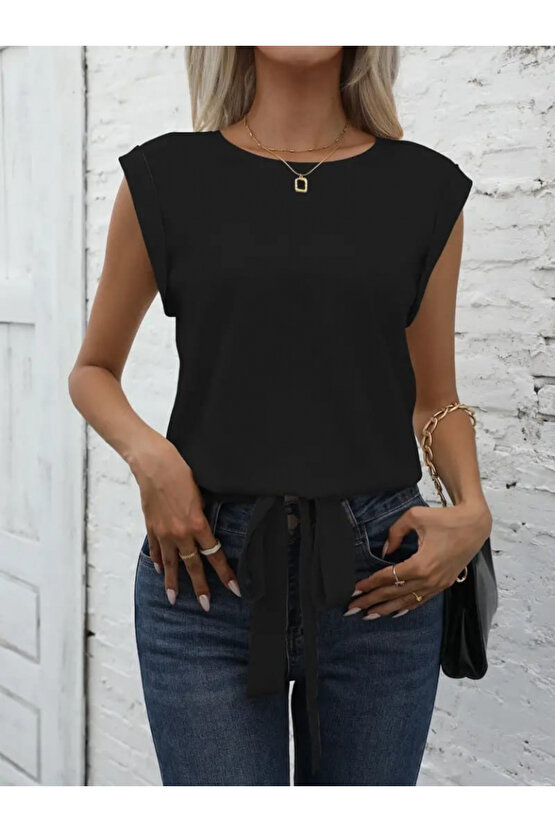 Gökyüzü Moda Kadın Sıfır Kol Etek Ucu Bağlama Detay Ithal Krep Bluz