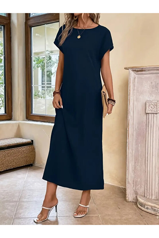 Gökyüzü Moda Kadın Uzun Kollu Yakası Açık Viskon Elbise