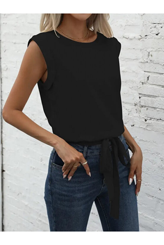 Gökyüzü Moda Kadın Sıfır Kol Etek Ucu Bağlama Detay Ithal Krep Bluz