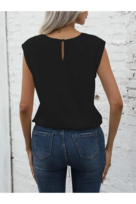 Gökyüzü Moda Kadın Sıfır Kol Etek Ucu Bağlama Detay Ithal Krep Bluz