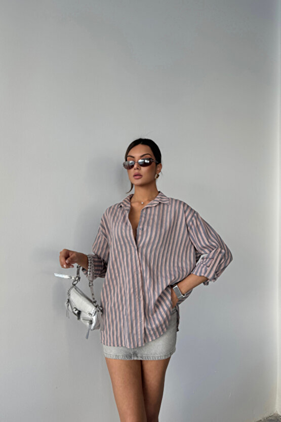 ÇİZGİLİ GÖMLEK KETEN - Antrasit